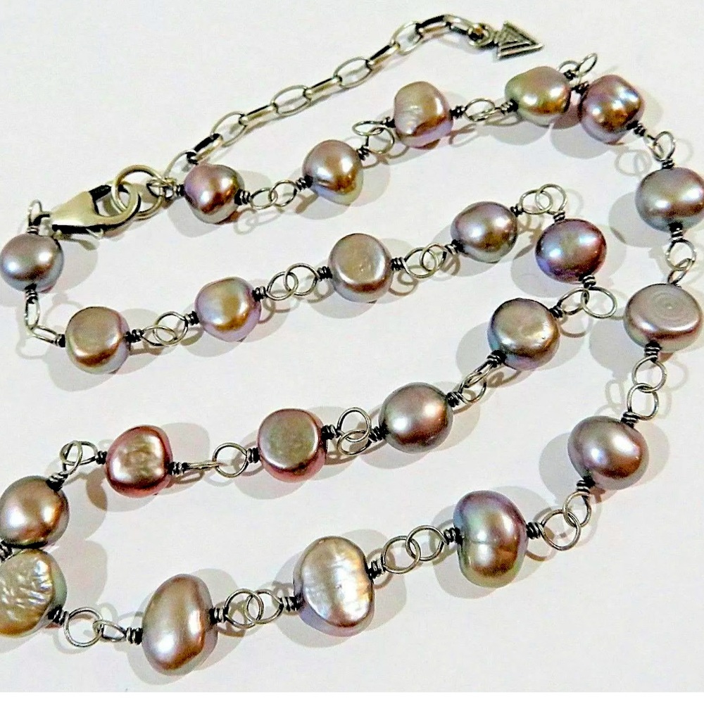 SIlpada Vintage Oxidized Sterling Silver  Gray Pearl Necklace